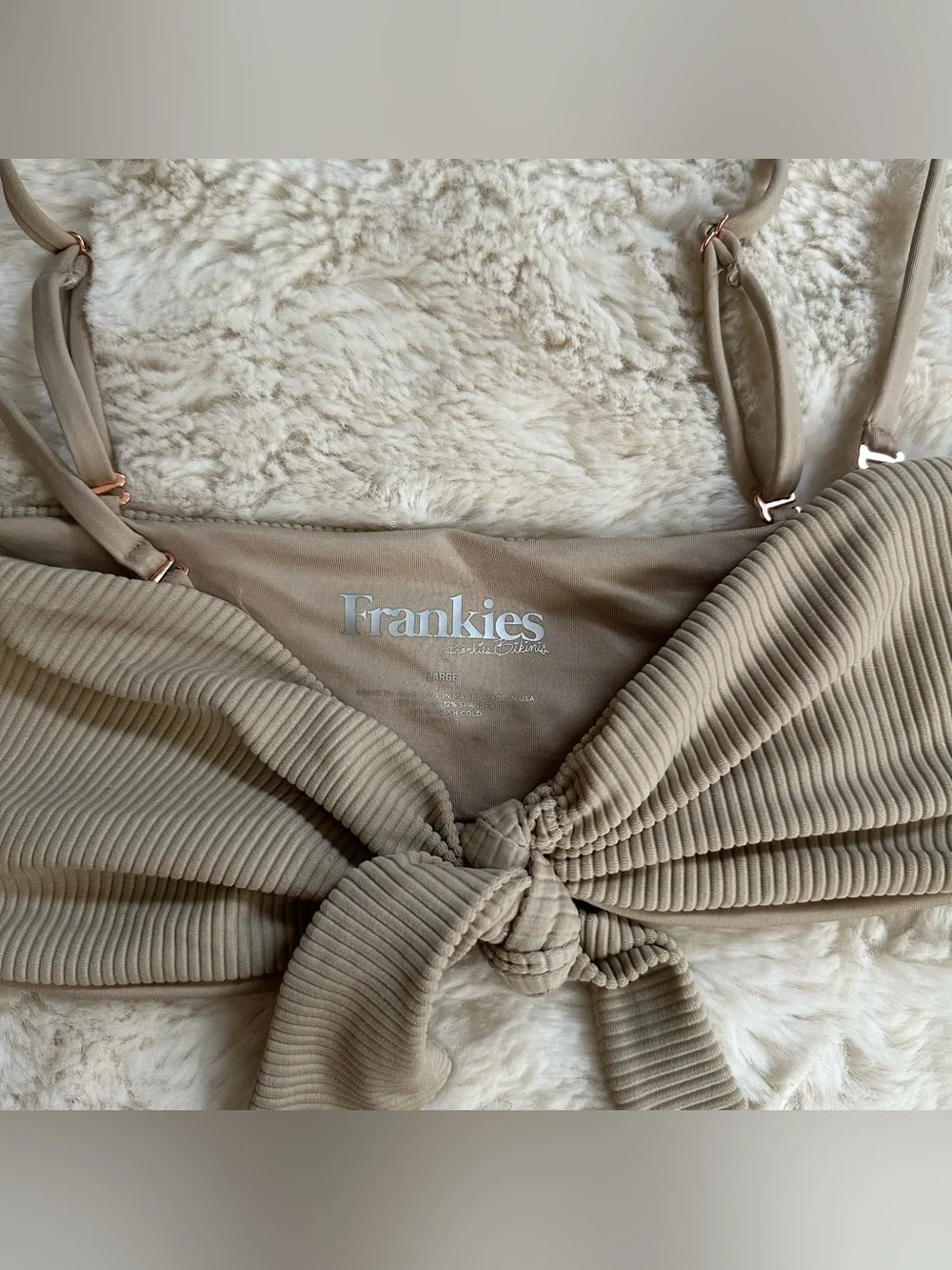Frankie's Bikinis Enzo Tan/Earth/Nude Ribbed Bow Tie Front Bikini Top